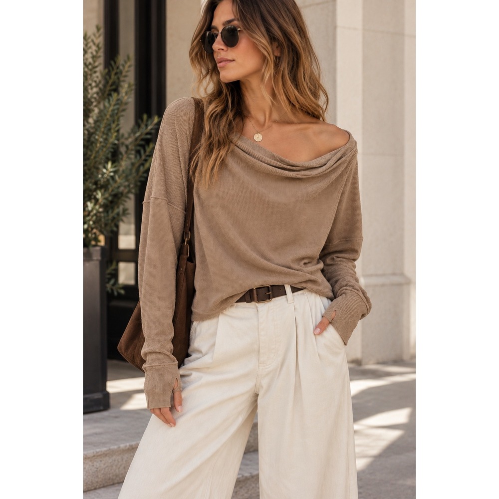 We The Free Free People Tan Waffle Knit Cowl Neck Thermal Top Thumbholes Medium